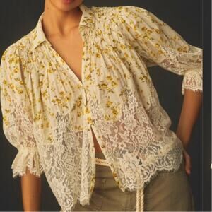 Anthropologie XS Boho Lace Floral Peasant Blouse Cottagecore Romantic Victorian